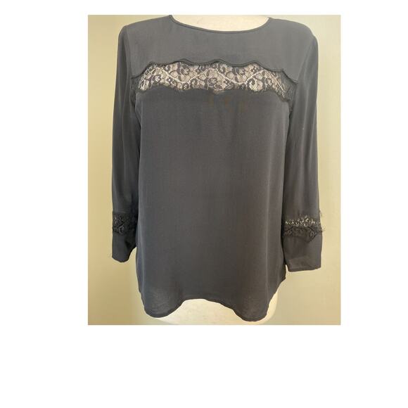 MADEWELL Silk Black Blouse Top Lace Details 3/4 Sleeves Crew Neck Large - Picture 1 of 7